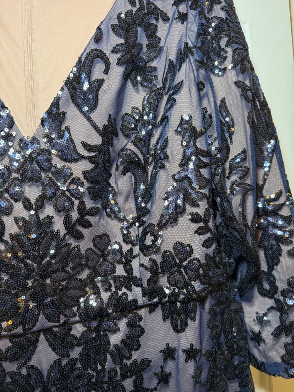 Papell Studios Navy Sequined V Neck Sheath Dress Sz 18 Plus Floral Beige Lined - Picture 3 of 10